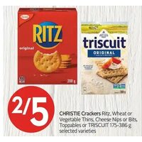 Christie Crackers Ritz, Wheat Or Vegetable Thins, Cheese Nips Or Bits, Toppables Or Triscuit 