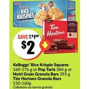 Kelloggs' Rice Krispie Squares Or Pop Tarts Or Nutri Grain Granola Bars Or Tim Hortons Granola Bars - $2.00 (Up to $1.49 off)